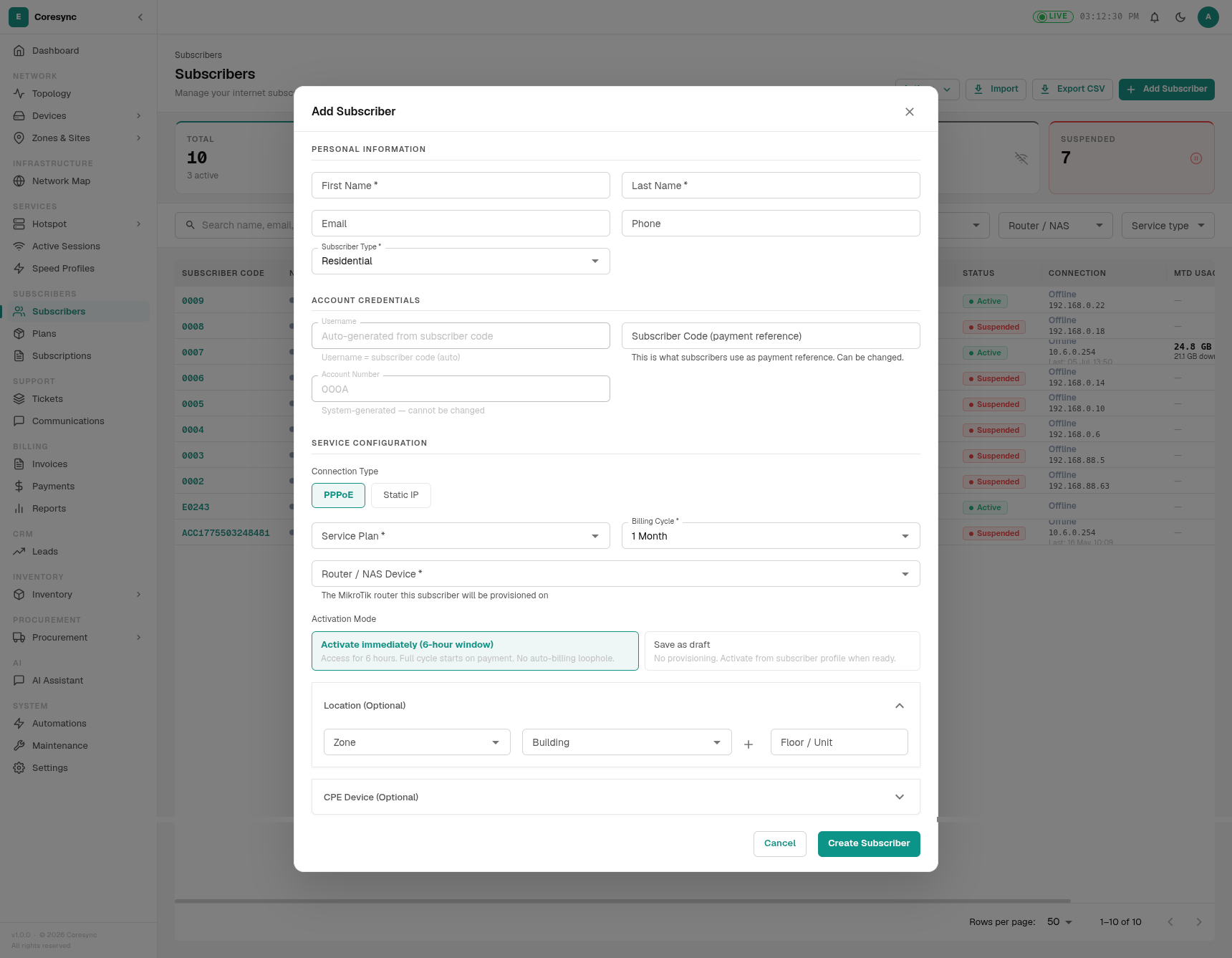 Add Subscriber form